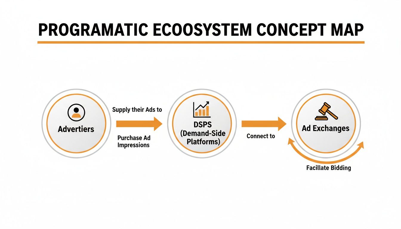 Programmatic advertising ecosystem concept map detailing the flow from advertisers, to DSPs, and ad exchanges facilitating bidding.