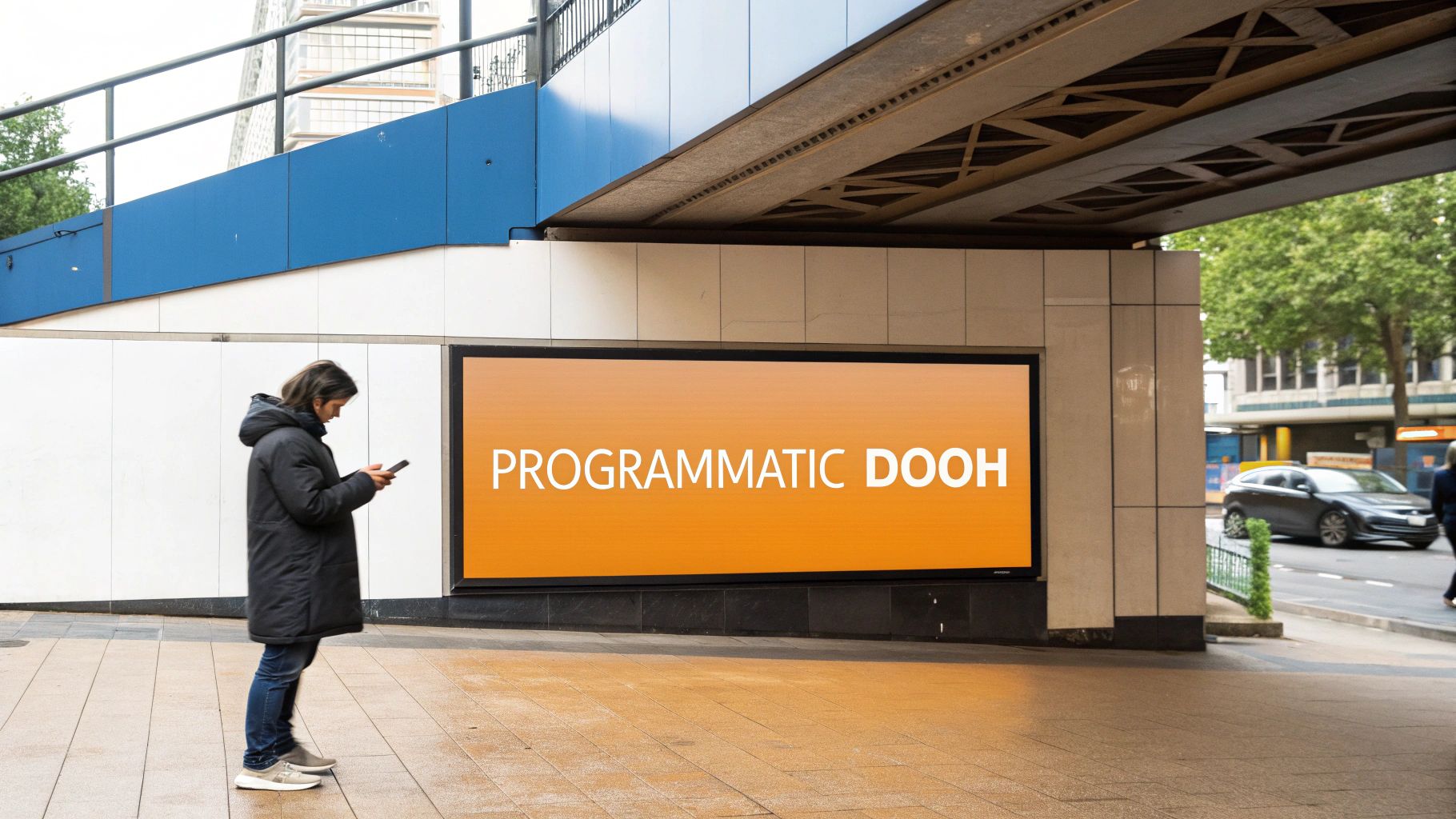 A person checks their phone while standing next to a large programmatic DOOH billboard in an urban setting.