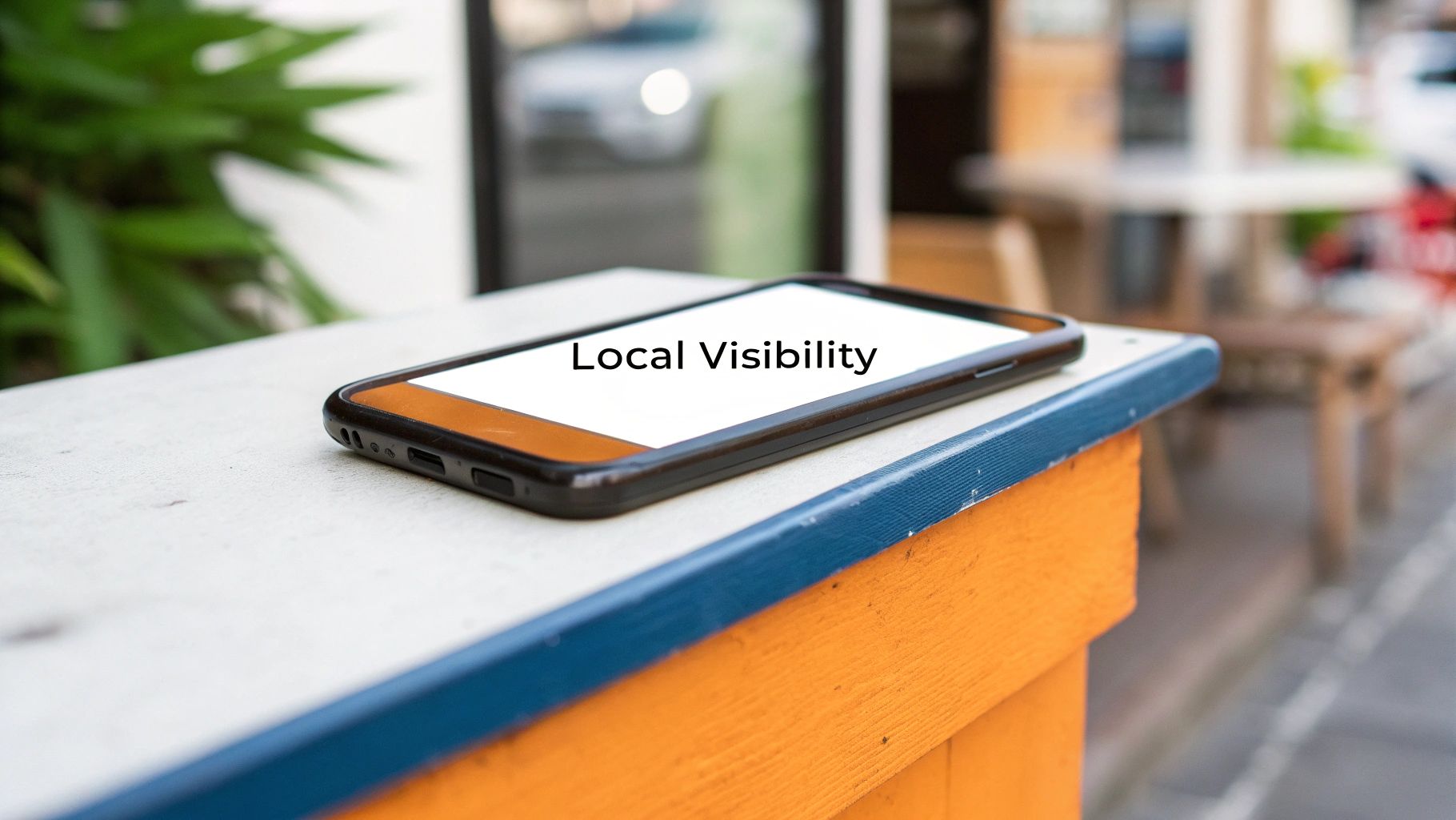 A smartphone displaying 'Local Visibility' on its screen, resting on an outdoor table.