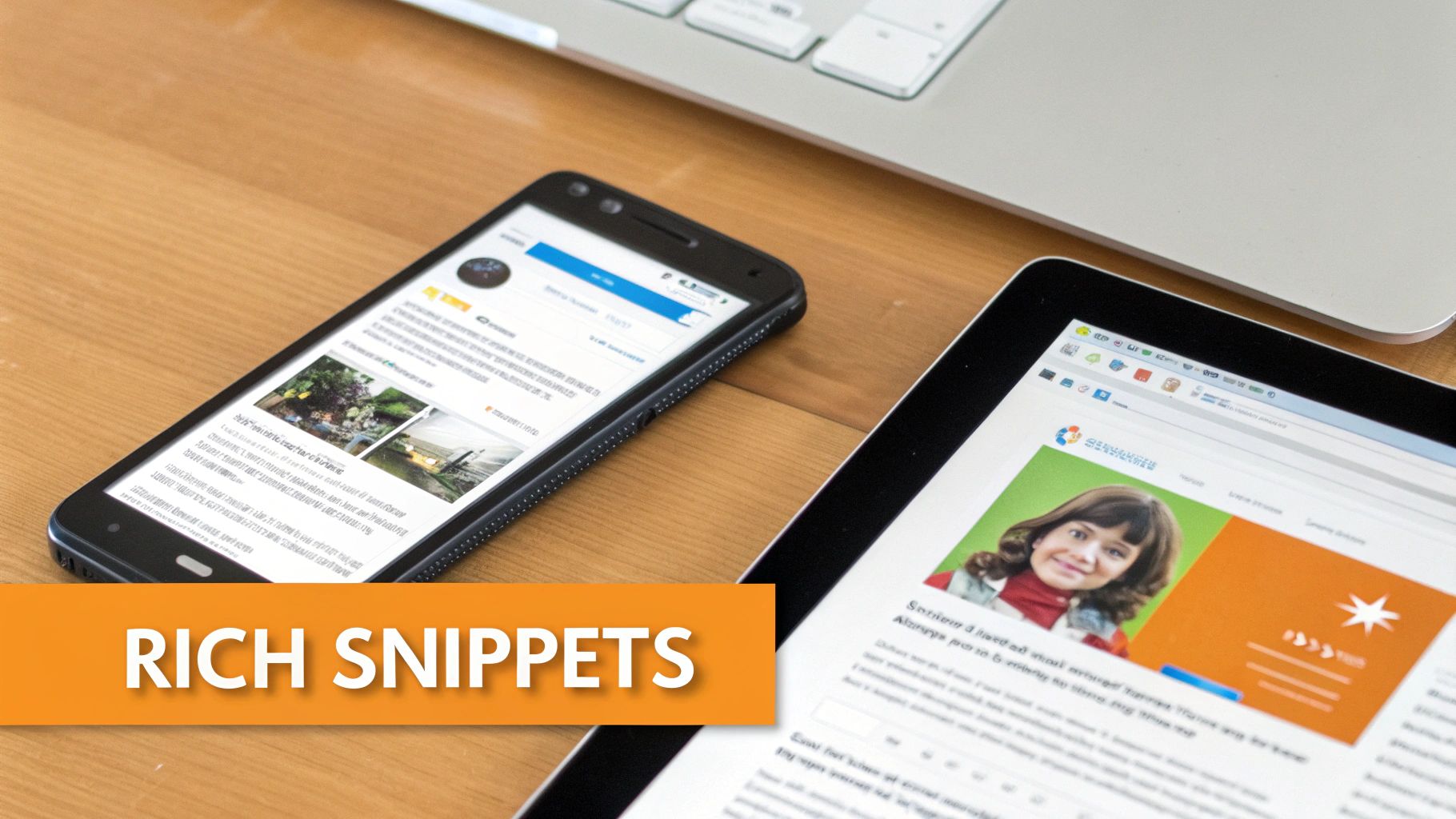 Close-up of a smartphone and tablet showcasing rich snippets and web pages on a wooden desk.