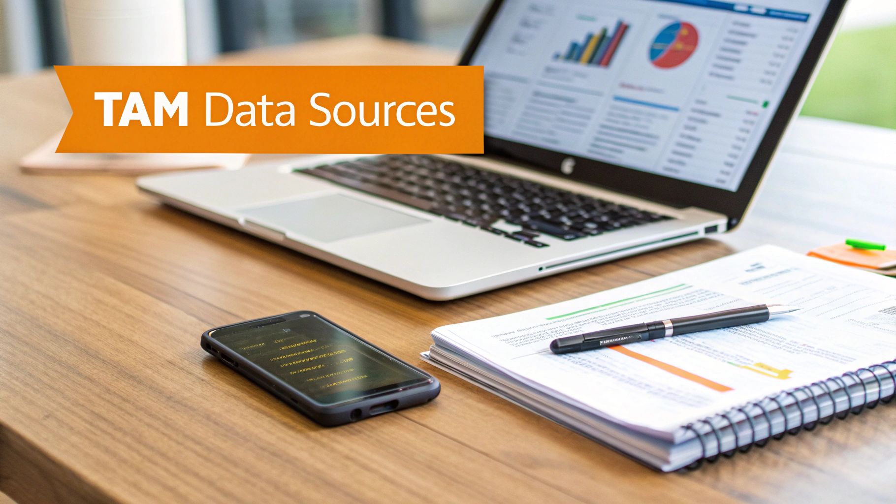 A modern workspace with a laptop displaying data, a smartphone, notebook, and 'TAM Data Sources' banner.