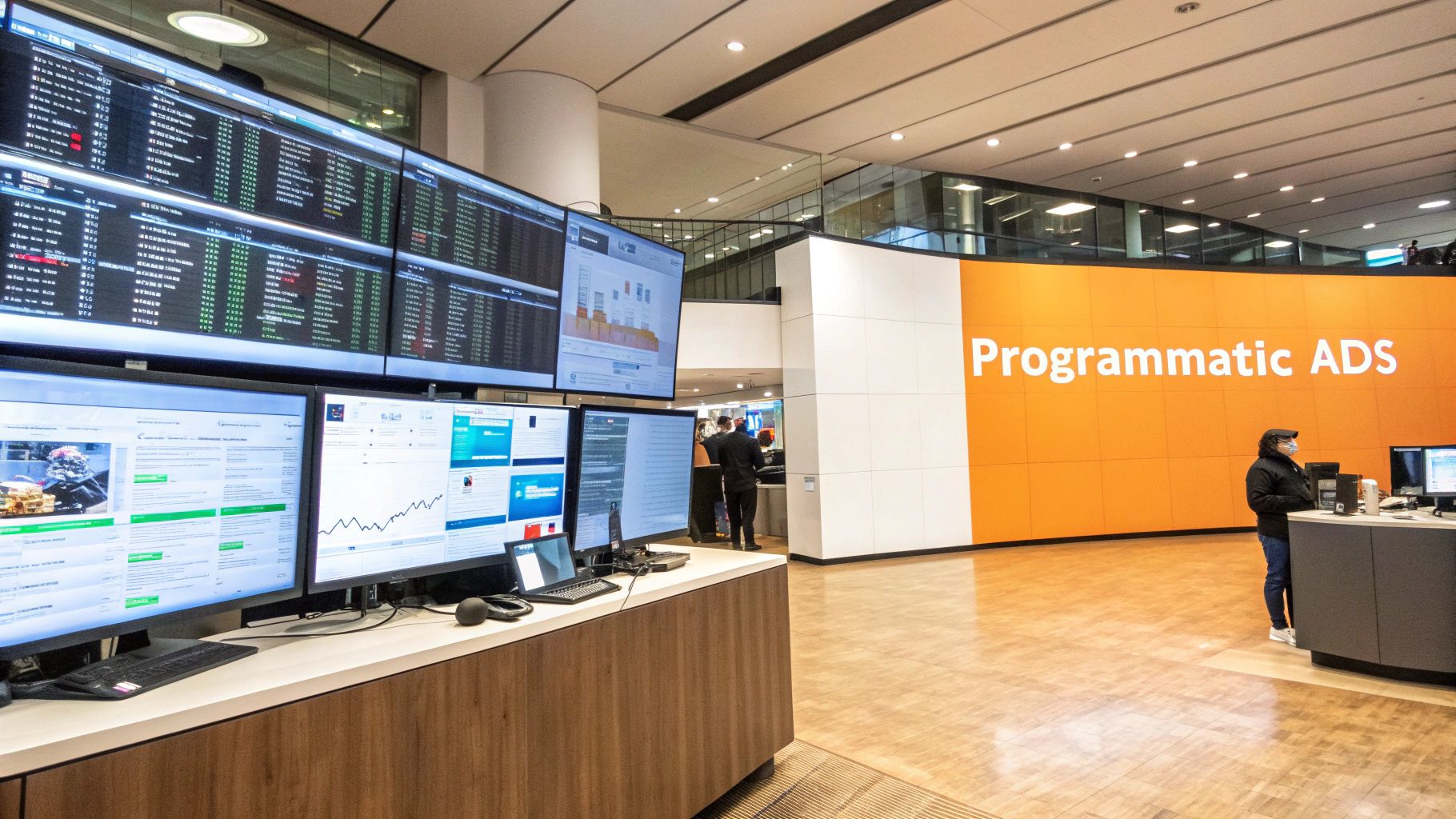 A modern office space featuring a large orange wall with 'Programmatic ADS' text and multiple screens displaying data and charts.