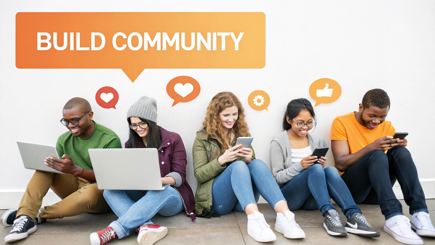 Diverse young people building community online with laptops, tablets, and smartphones.