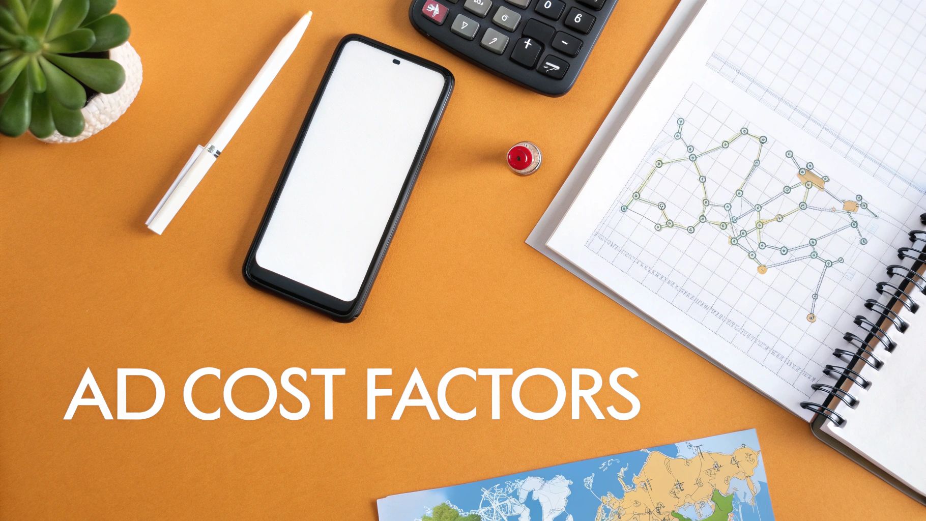 Flat lay of a desk with a smartphone, calculator, notebook, and plant, displaying 'AD COST FACTORS'.