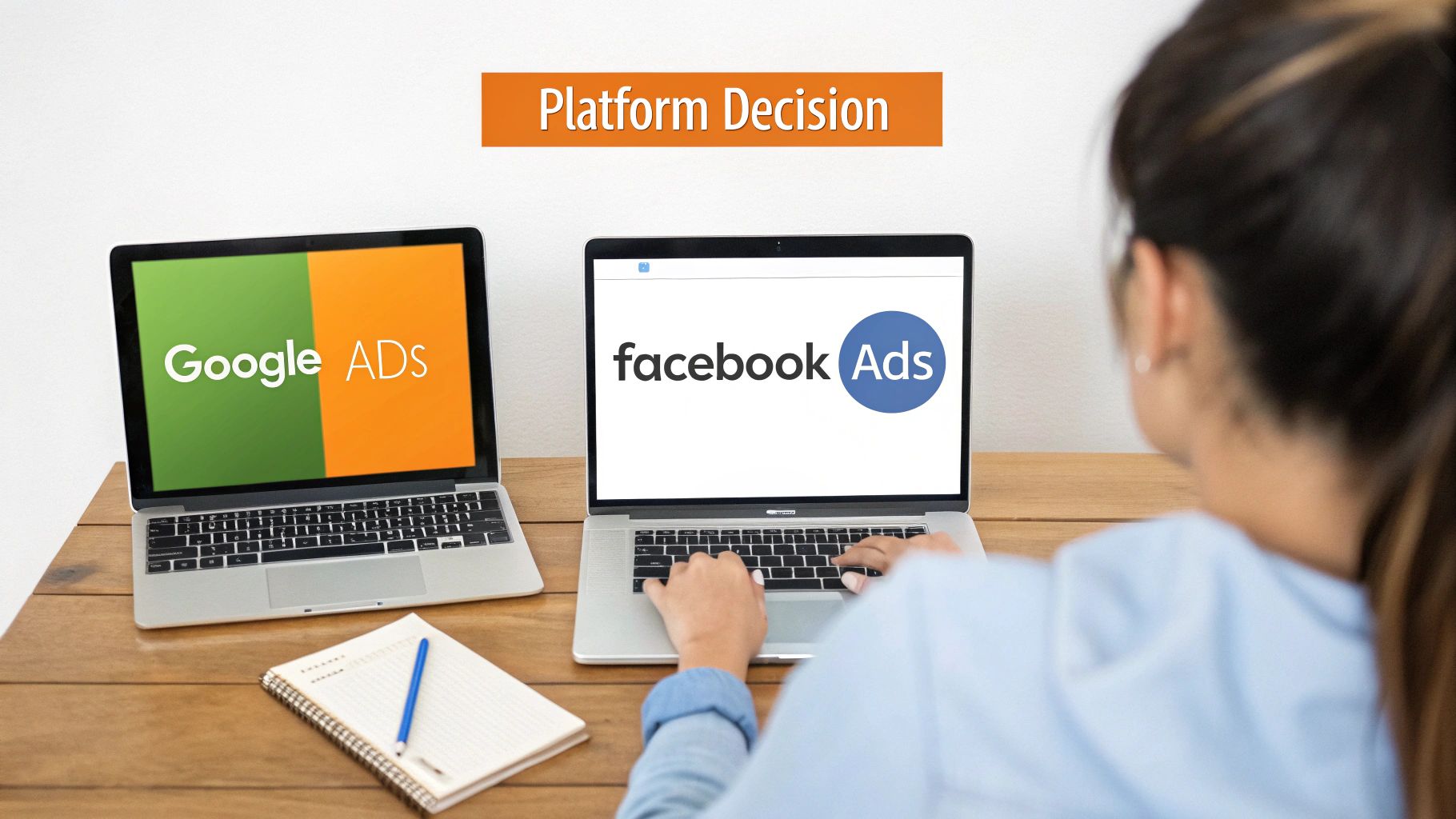 Person comparing Google Ads and Facebook Ads platforms on two laptops for a marketing decision.