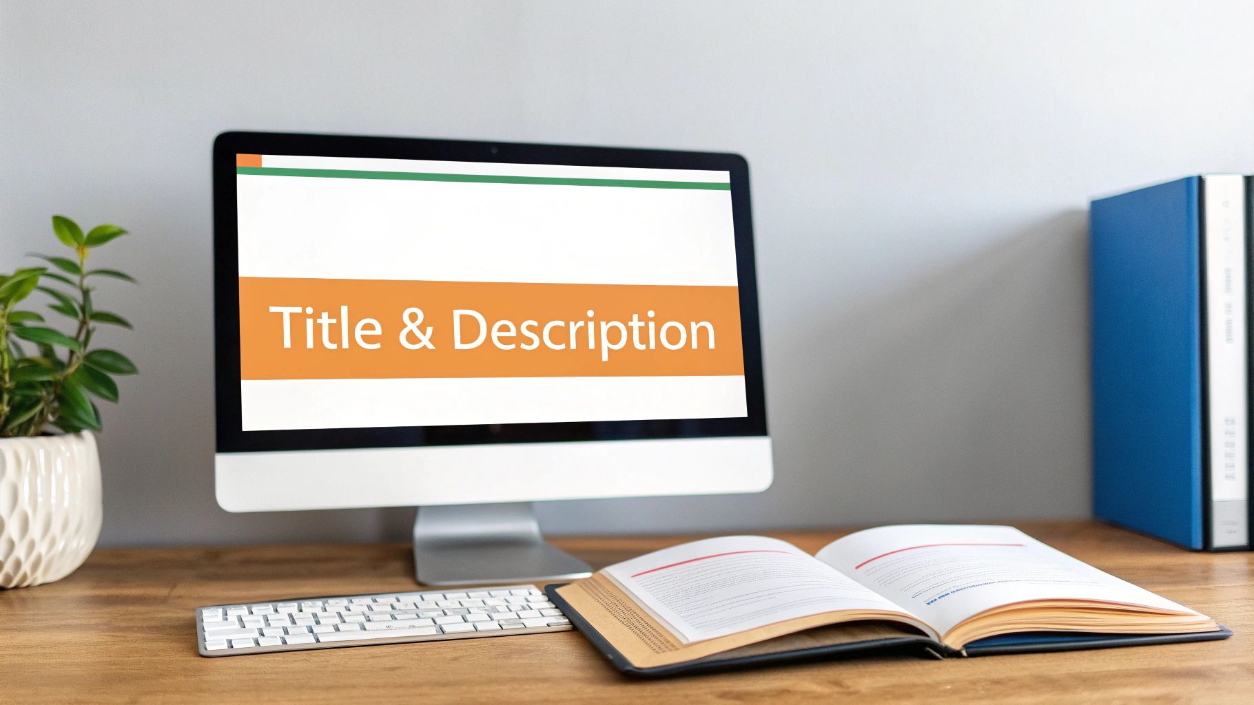 A computer screen displaying 'Title & Description' on a wooden desk with a keyboard, book, and plant.