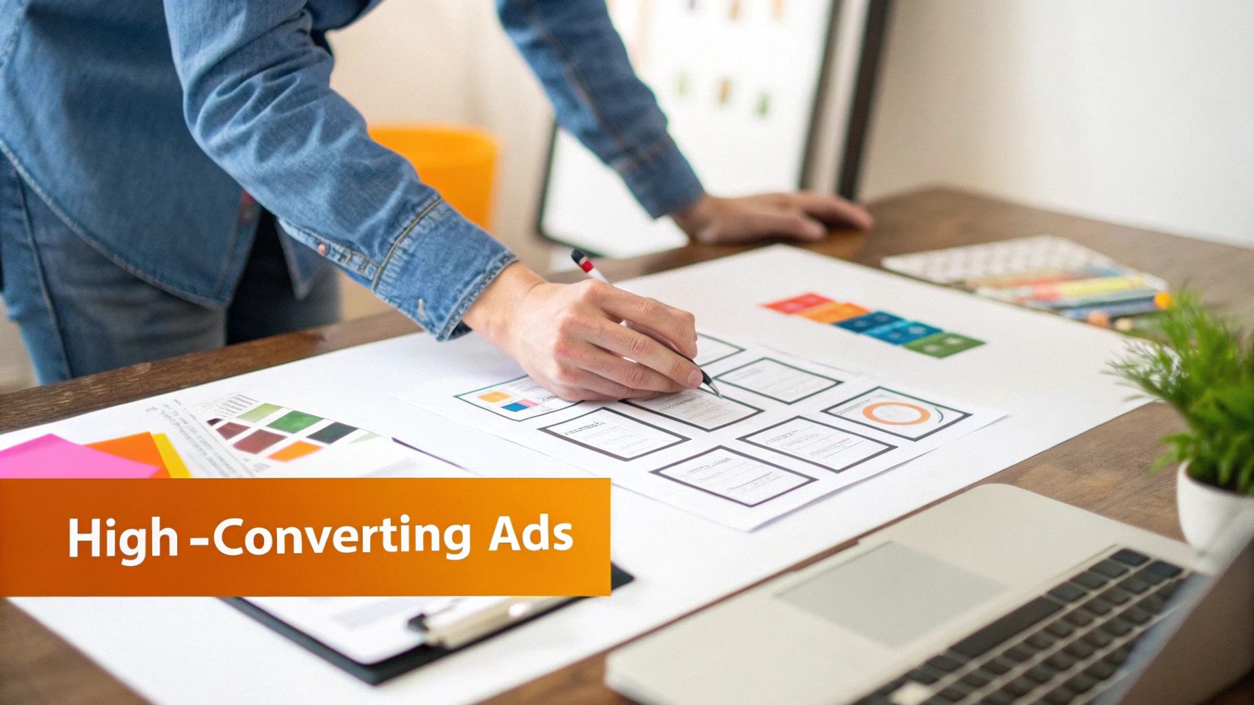 Person designing high-converting ads and user interfaces on a desk with a laptop and color palettes.