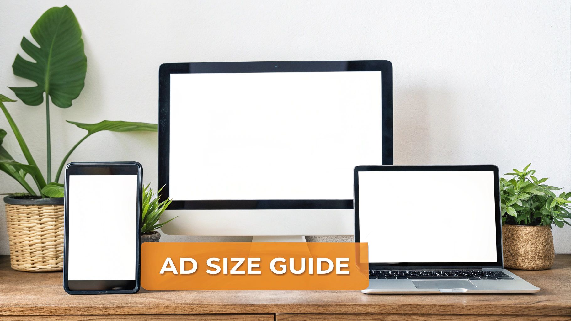 Multiple digital devices, including a desktop monitor, laptop, and smartphone, displaying blank white screens, with an 'AD SIZE GUIDE' banner on a wooden desk.