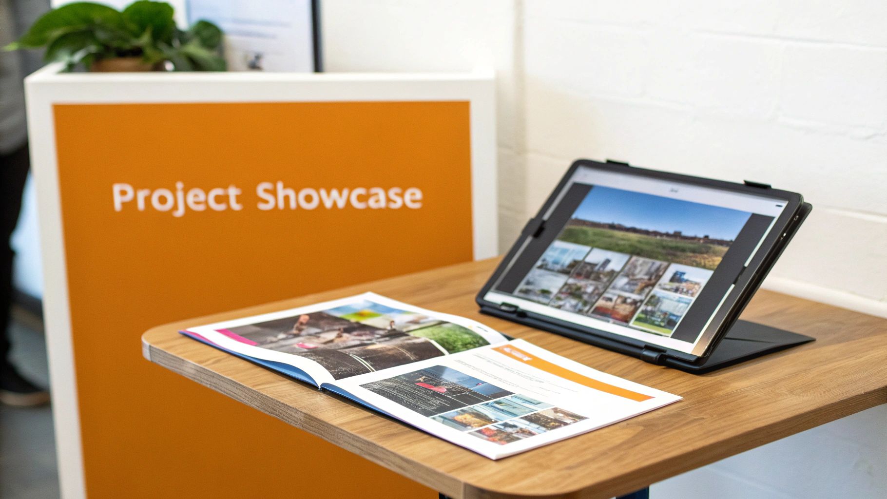 A marketing display featuring a 'Project Showcase' sign, a tablet, and a brochure on a wooden table.