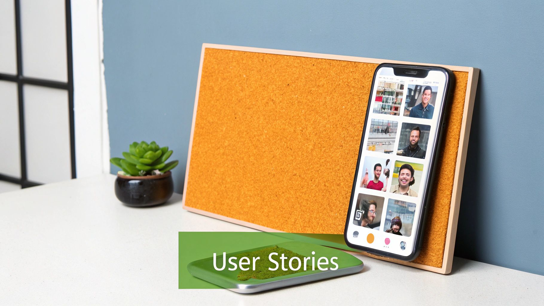 A smartphone displaying social media profiles leaning against a cork board, next to a plant and 'User Stories' title.