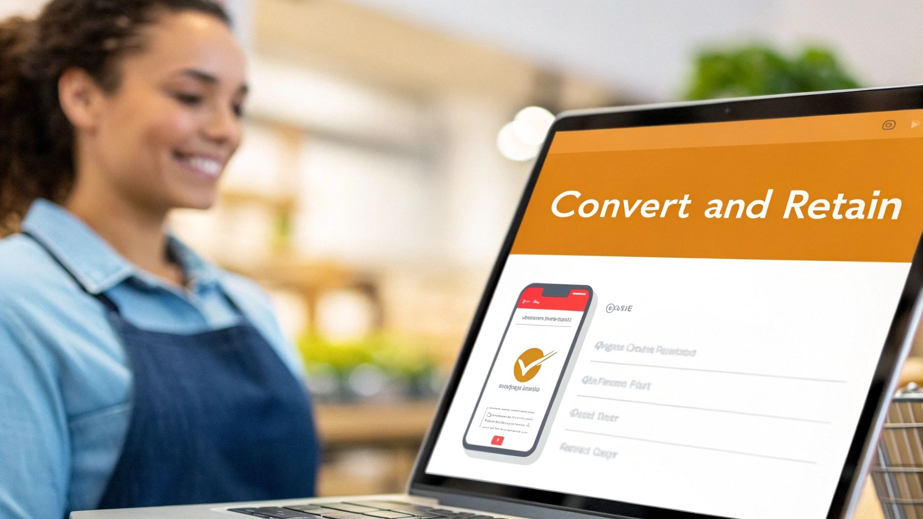 Smiling woman looks at a laptop displaying 'Convert and Retain' digital marketing page with a smartphone app.