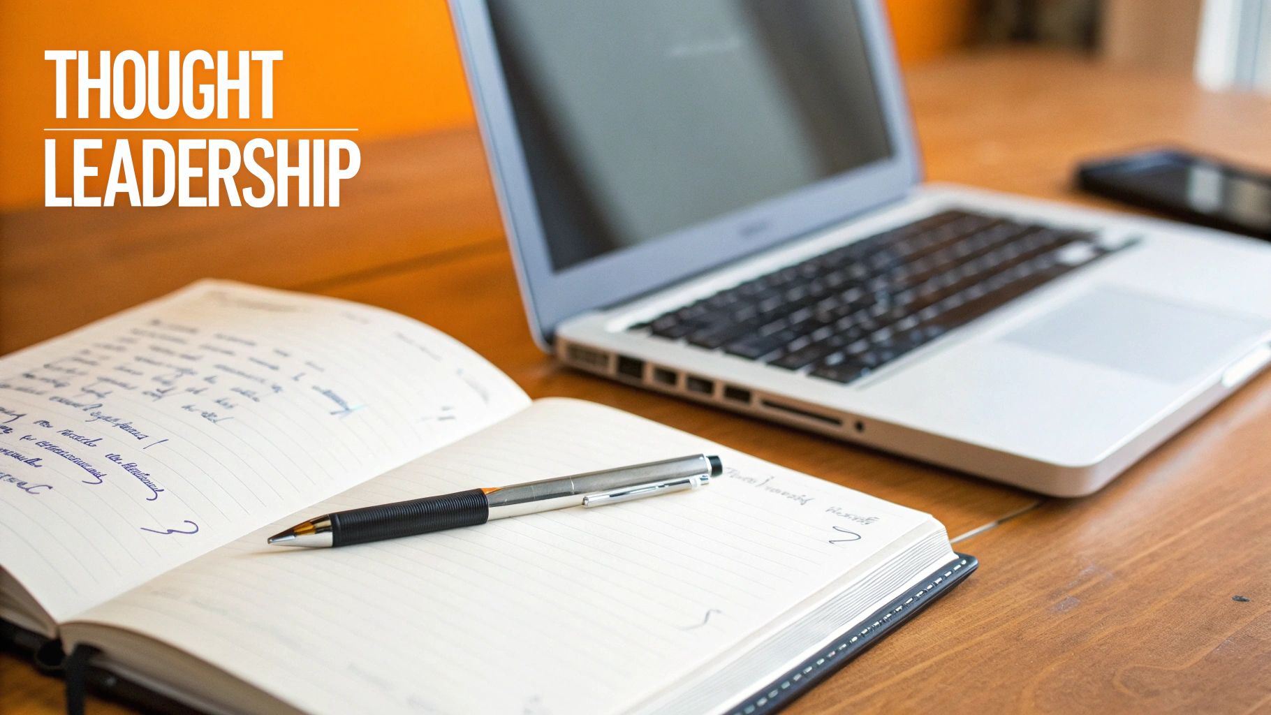 An open notebook with a pen, a laptop, and a smartphone on a wooden desk, with 'THOUGHT LEADERSHIP' text.