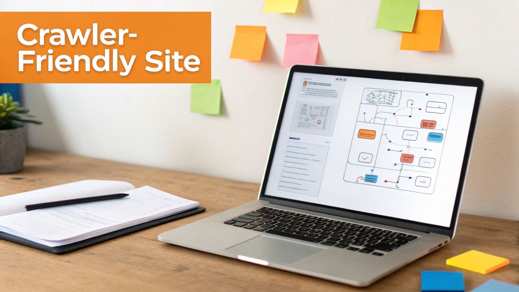 A laptop on a wooden desk displaying a system diagram, with 'Crawler-Friendly Site' text, indicating web optimization.