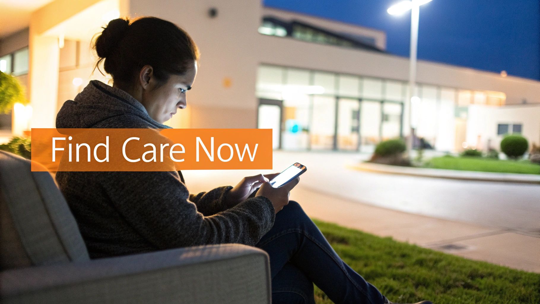 Woman sitting outside at night, looking at her smartphone with bright screen, overlay text reads "Find Care Now".