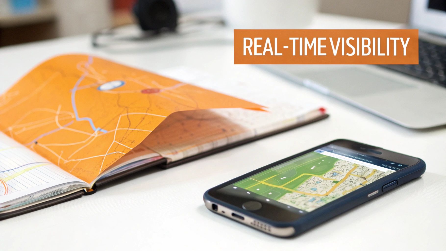 An open paper map next to a smartphone showing a digital map on a white desk, highlighting real-time visibility.