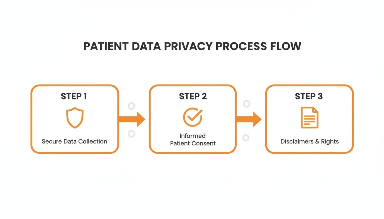 A three-step patient data privacy process flow: secure data collection, informed patient consent, and disclaimers & rights.