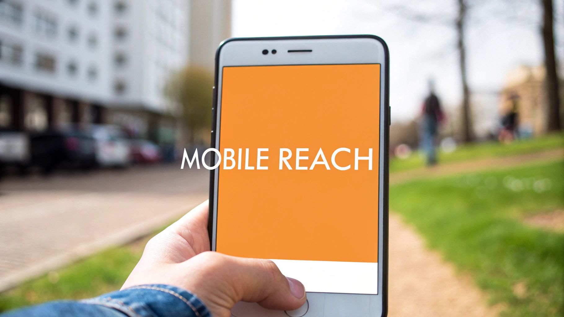 A hand holds a smartphone displaying 'MOBILE REACH' text on an orange screen outdoors.