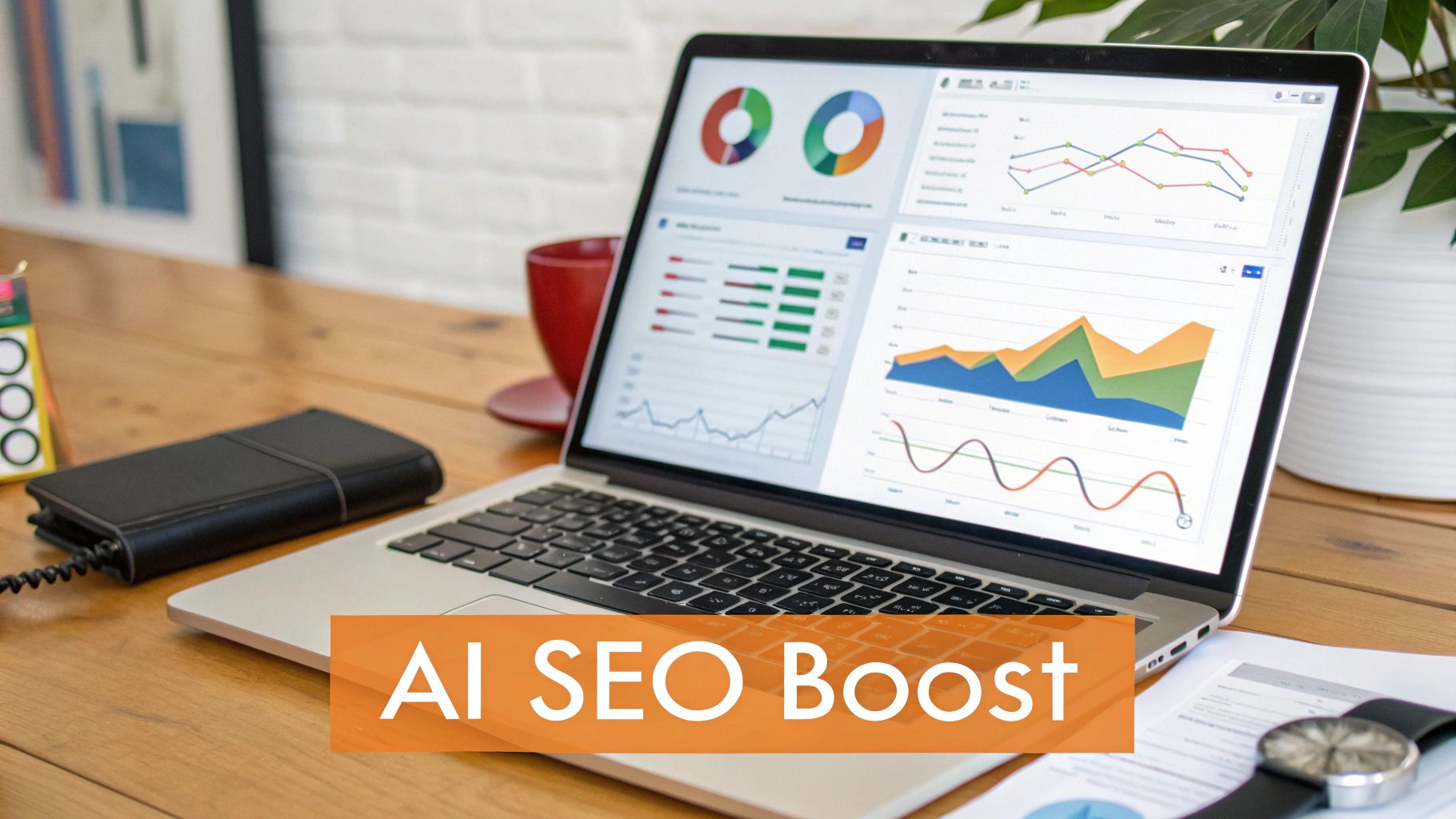 Laptop displaying AI-powered SEO analytics charts on a wooden desk, with AI SEO Boost overlay.