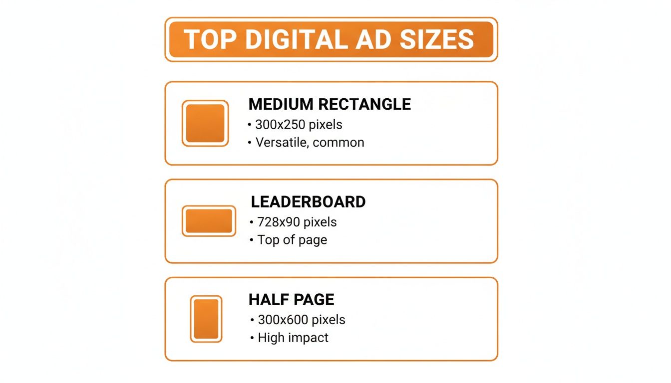Infographic illustrating top digital ad sizes like Medium Rectangle, Leaderboard, and Half Page with dimensions.