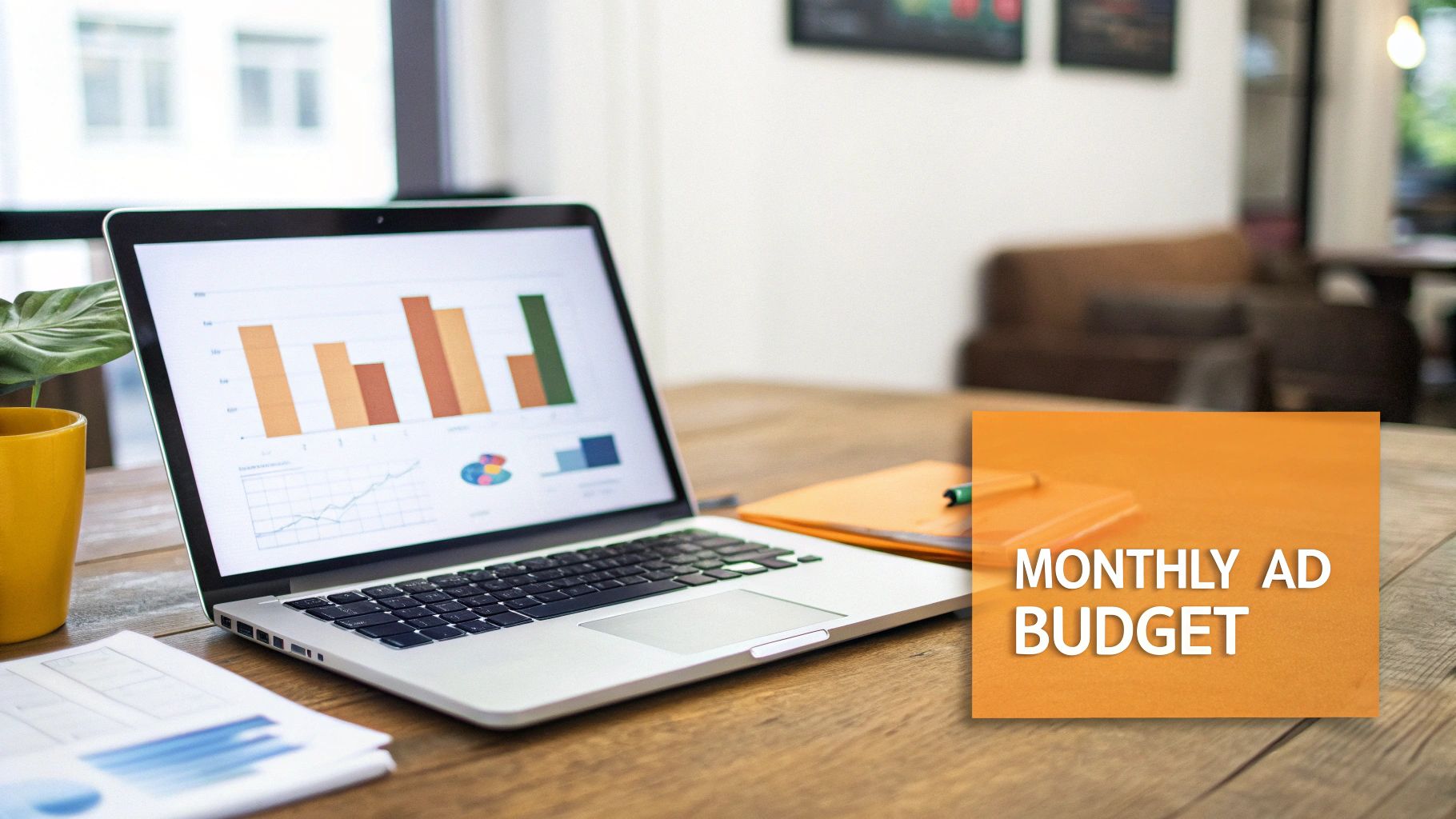 A laptop displaying financial graphs and charts, alongside a 'Monthly Ad Budget' text overlay on a desk.