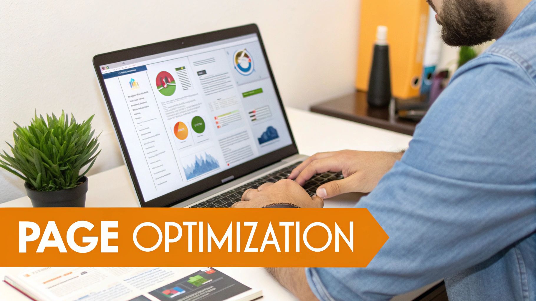 Man using a laptop to optimize website pages, showing various infographics and data visualizations.