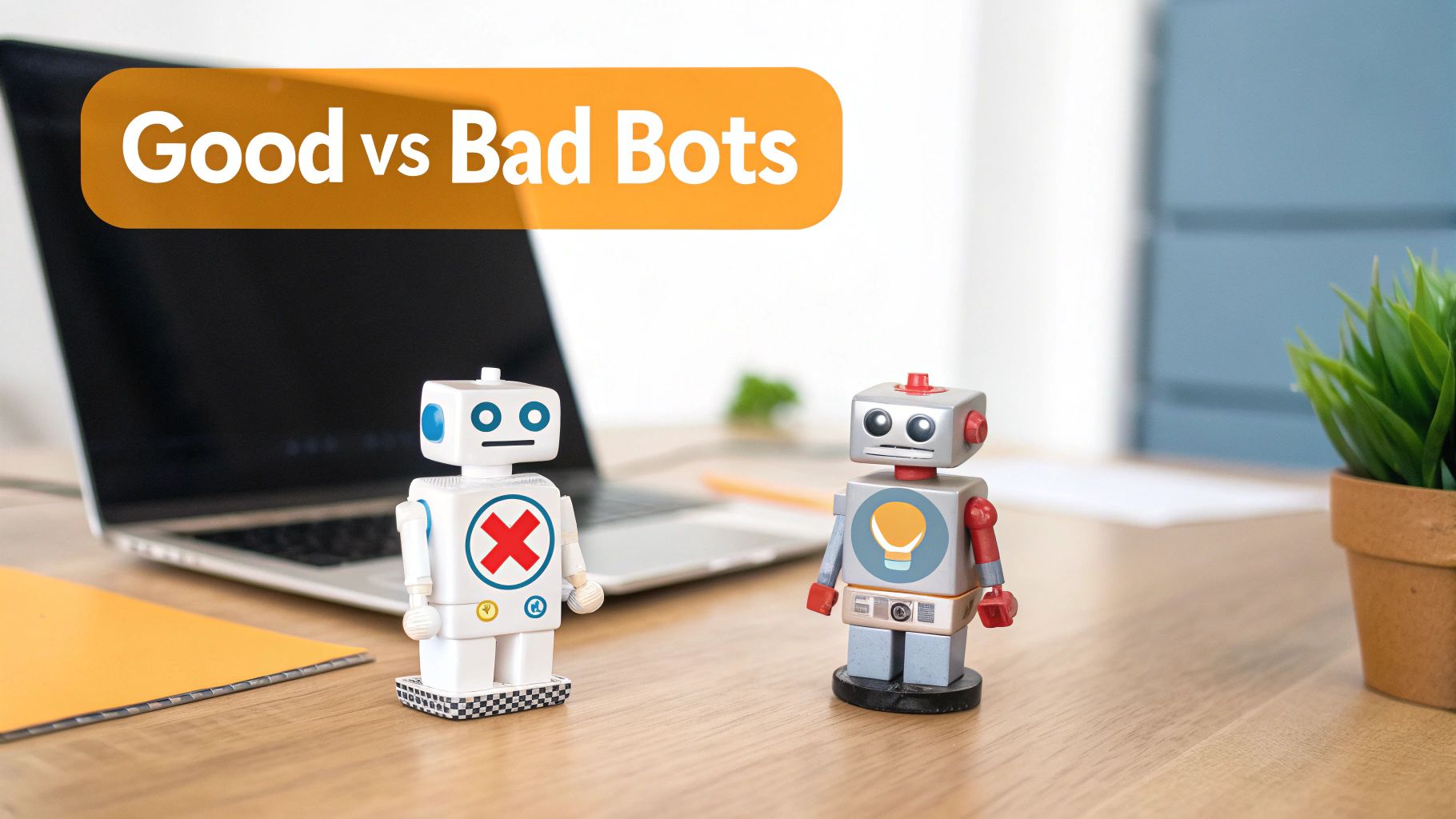 Two toy robots, one with a red X and one with a lightbulb, on a desk with a laptop and text 'Good vs Bad Bots'.