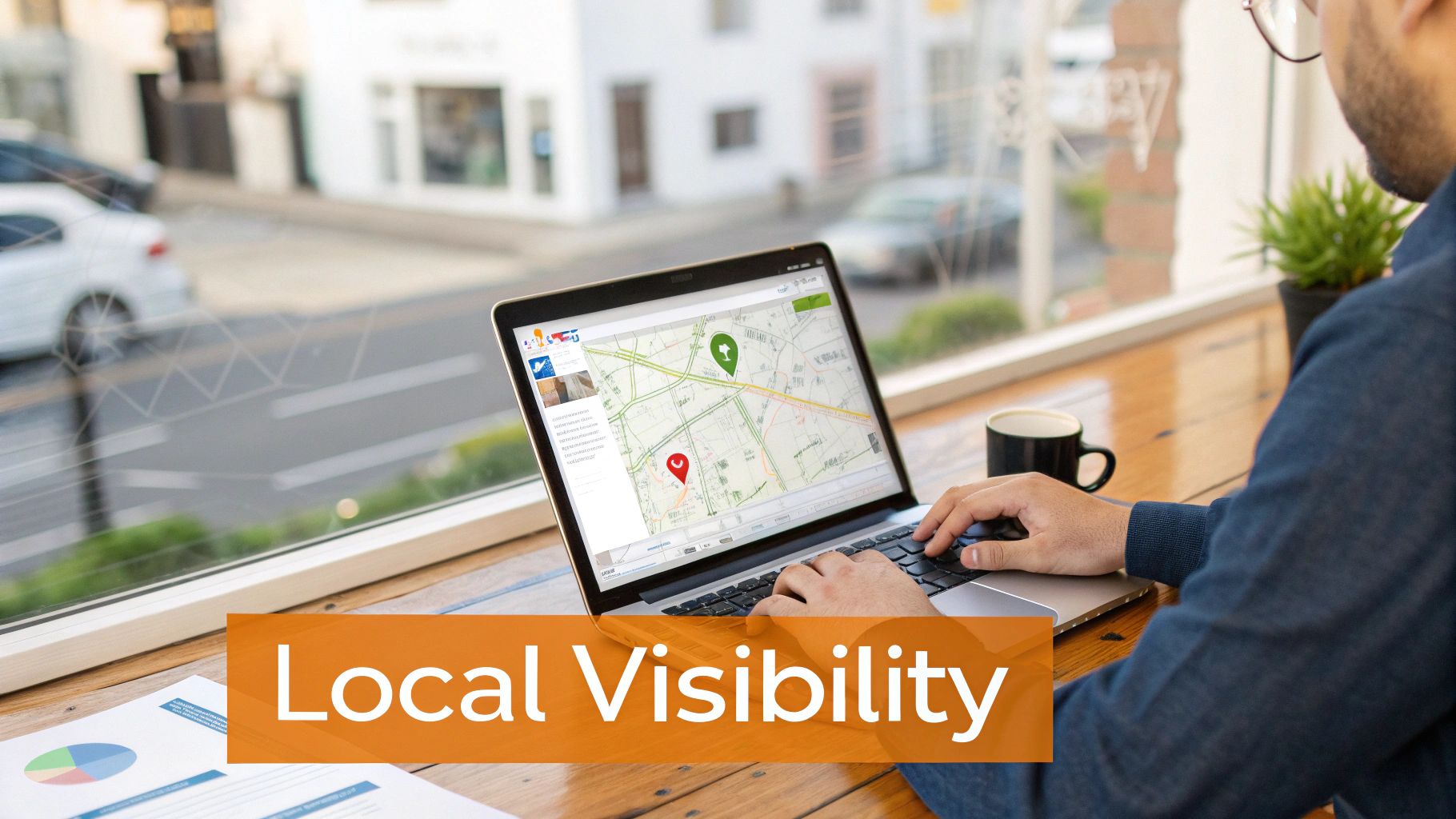 Person uses a laptop showing a map with local business pins, emphasizing local visibility.