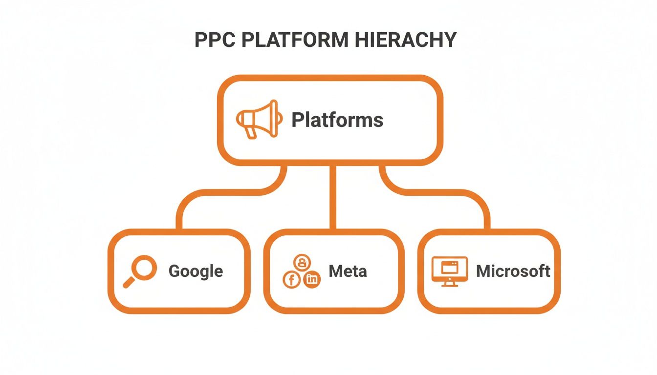 A hierarchy diagram showing PPC advertising platforms: Google, Meta (Facebook, Instagram), and Microsoft.