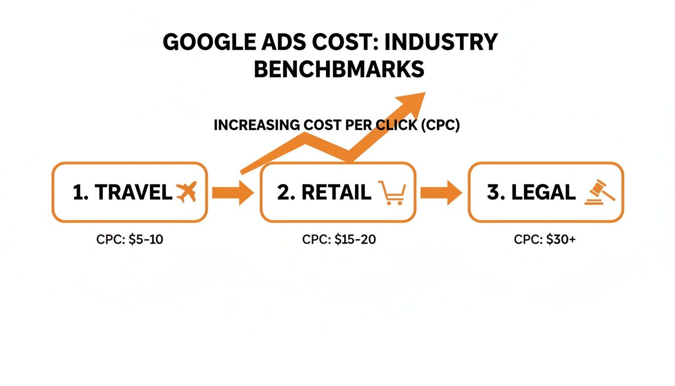 Google Ads cost benchmarks for travel, retail, and legal industries, showing increasing CPC.