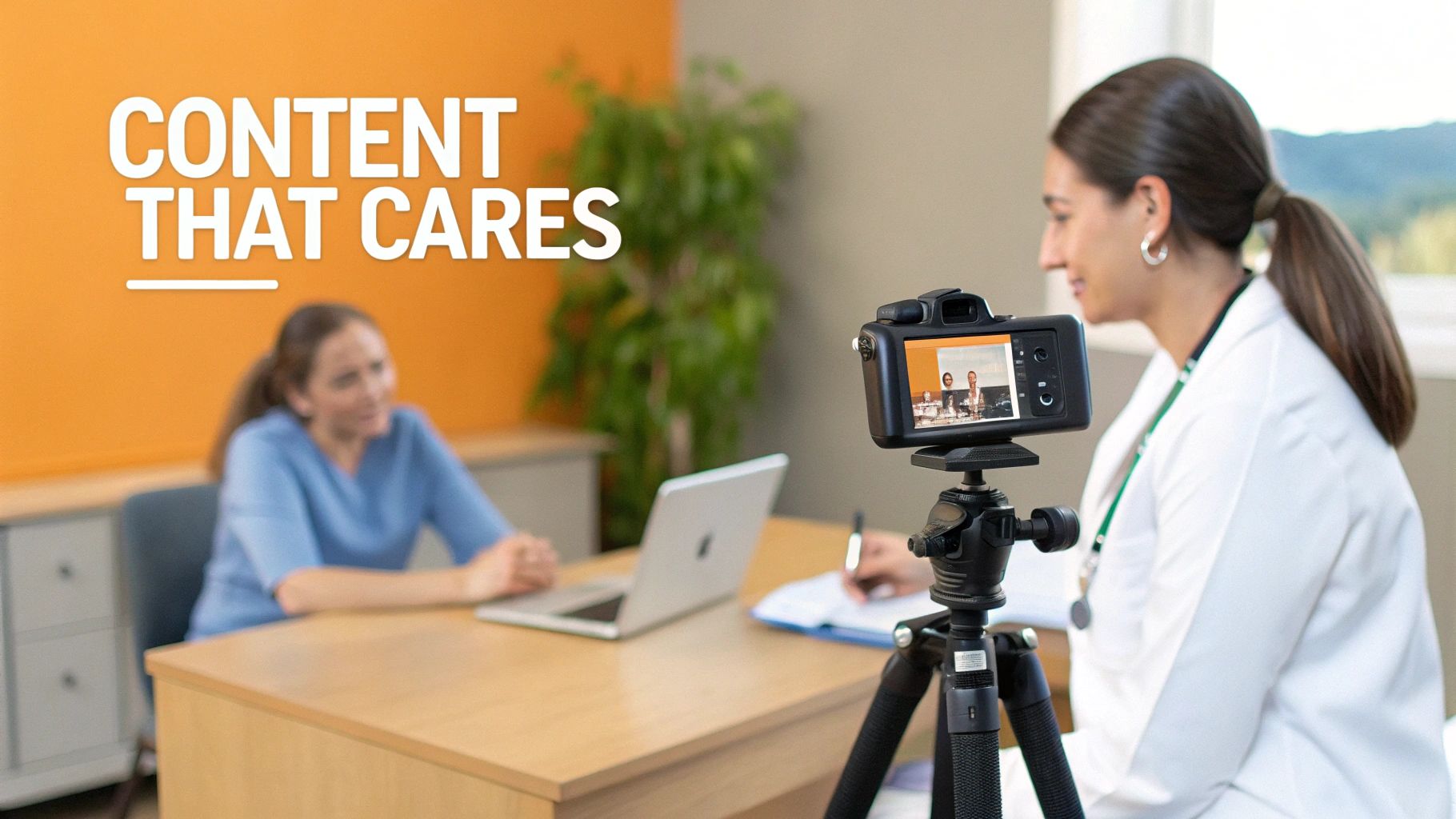 Healthcare professional records a video interview, creating engaging digital content in an office.