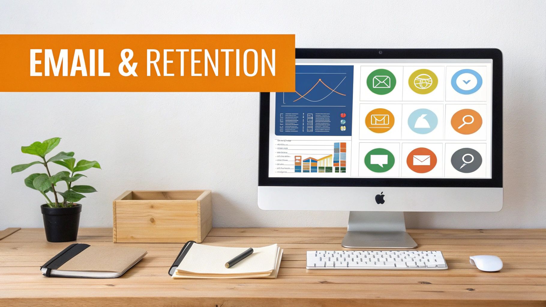 A desktop workspace featuring a monitor with charts and email icons, an orange banner reads 'EMAIL & RETENTION'.