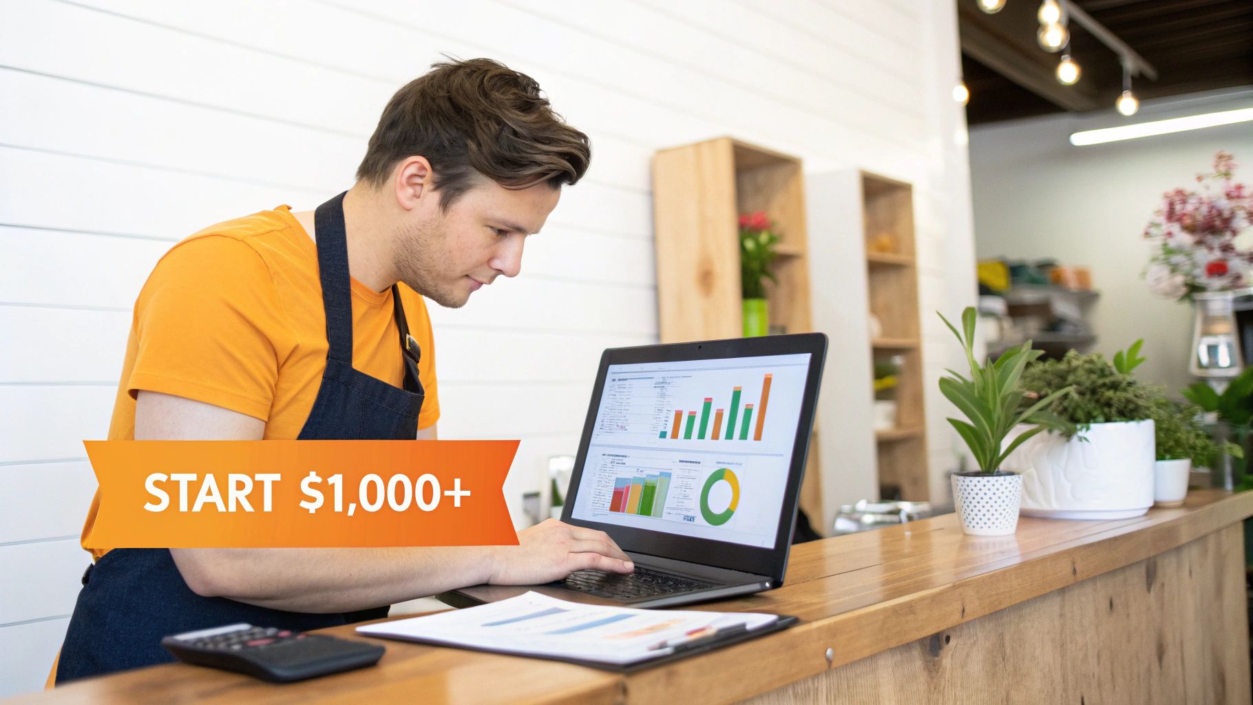 A man in an apron analyzing business data on a laptop, with financial figures and a calculator.