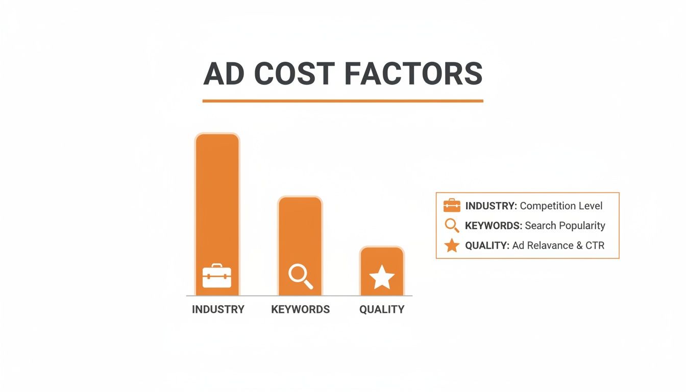 Bar chart illustrating ad cost factors: Industry (competition), Keywords (search popularity), and Quality (ad relevance & CTR).
