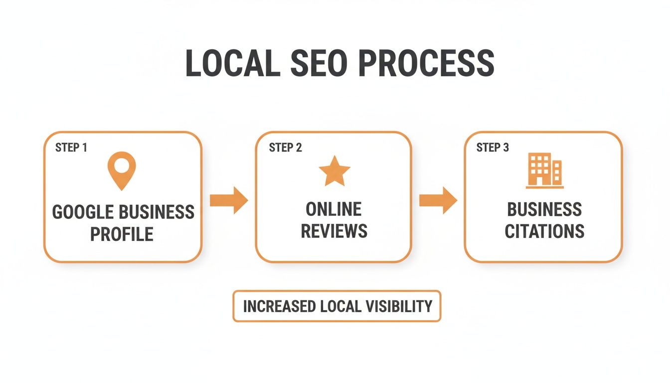Diagram illustrating the three steps of local SEO: Google Business Profile, online reviews, and business citations, leading to increased local visibility.