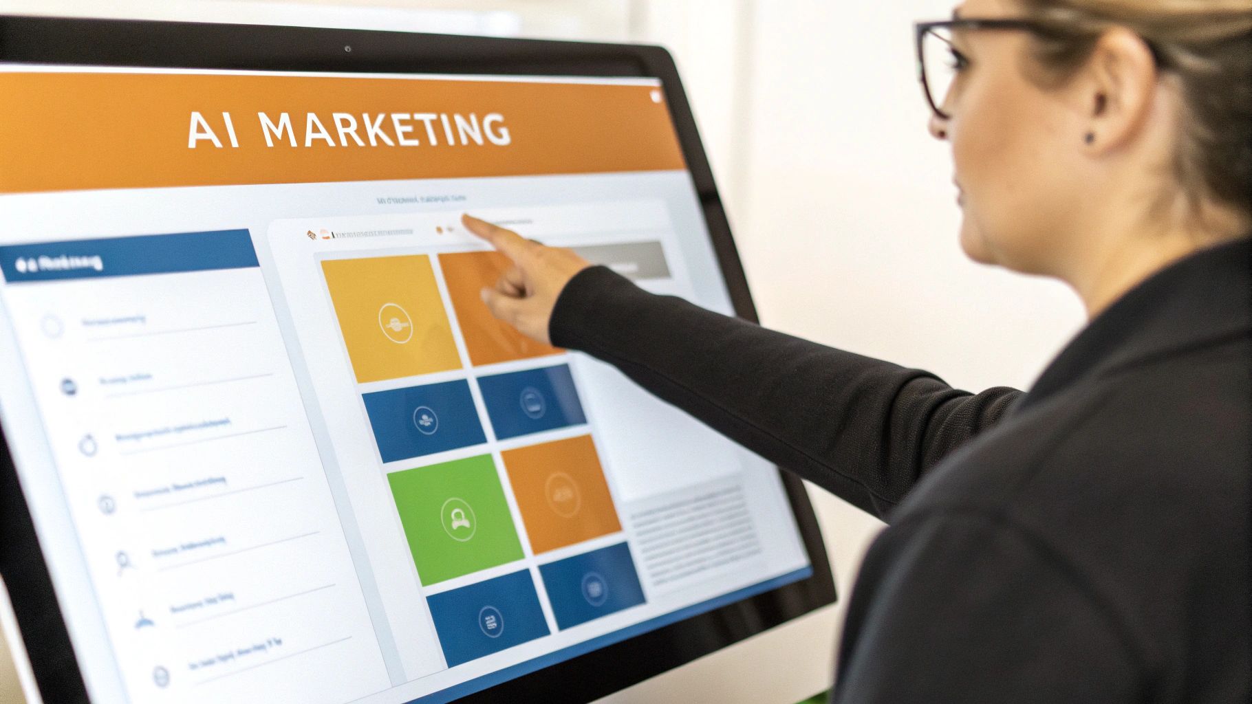 A person points at an 'AI Marketing' application on a large touchscreen monitor, engaging with data.
