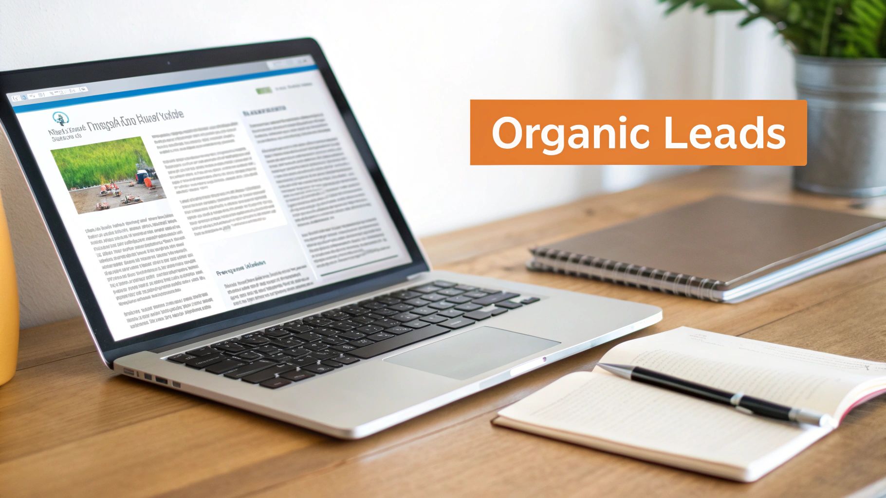 A laptop on a wooden desk displays an article. An orange banner reads 'Organic Leads' next to notebooks.