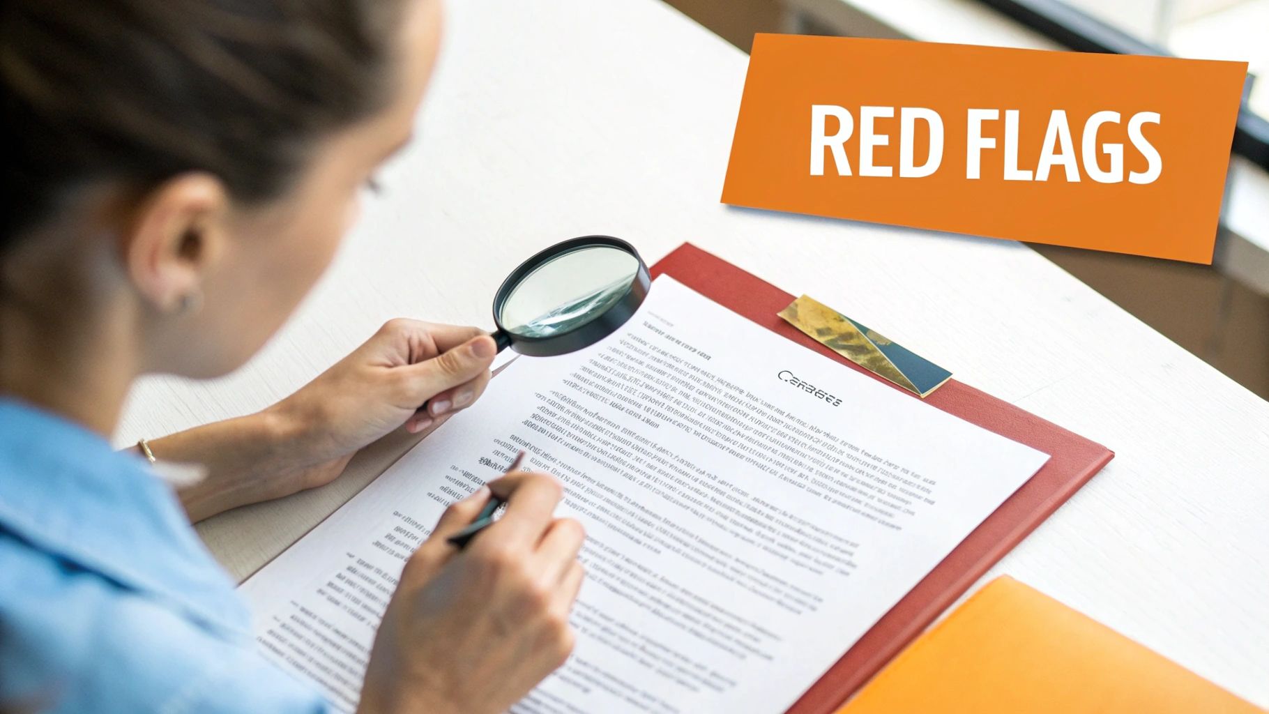 A person scrutinizes a document with a magnifying glass and pen, highlighting 'RED FLAGS' concerns.