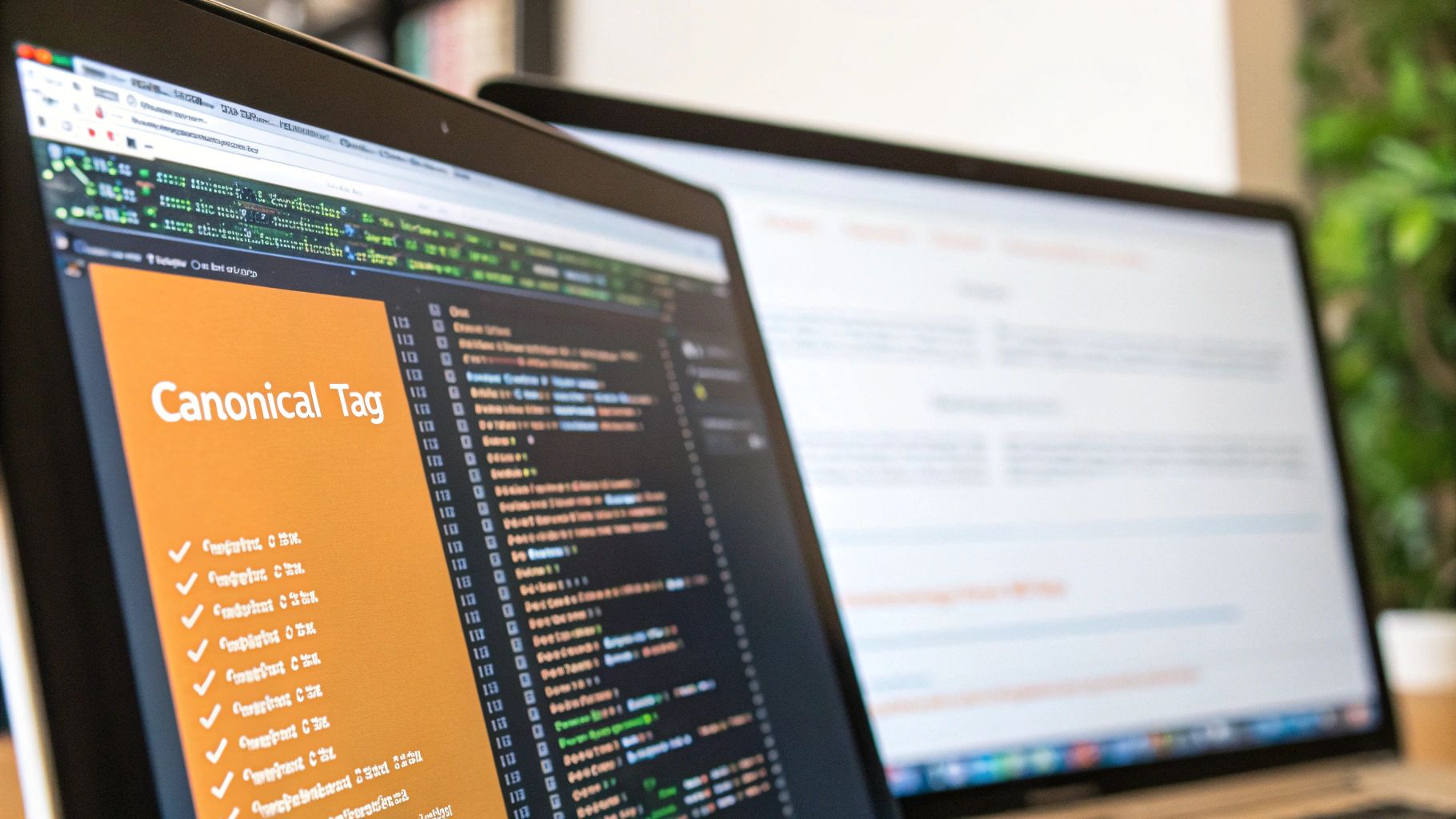 Close-up of two laptops showing 'Canonical Tag' content, code, and blurred text on screens.