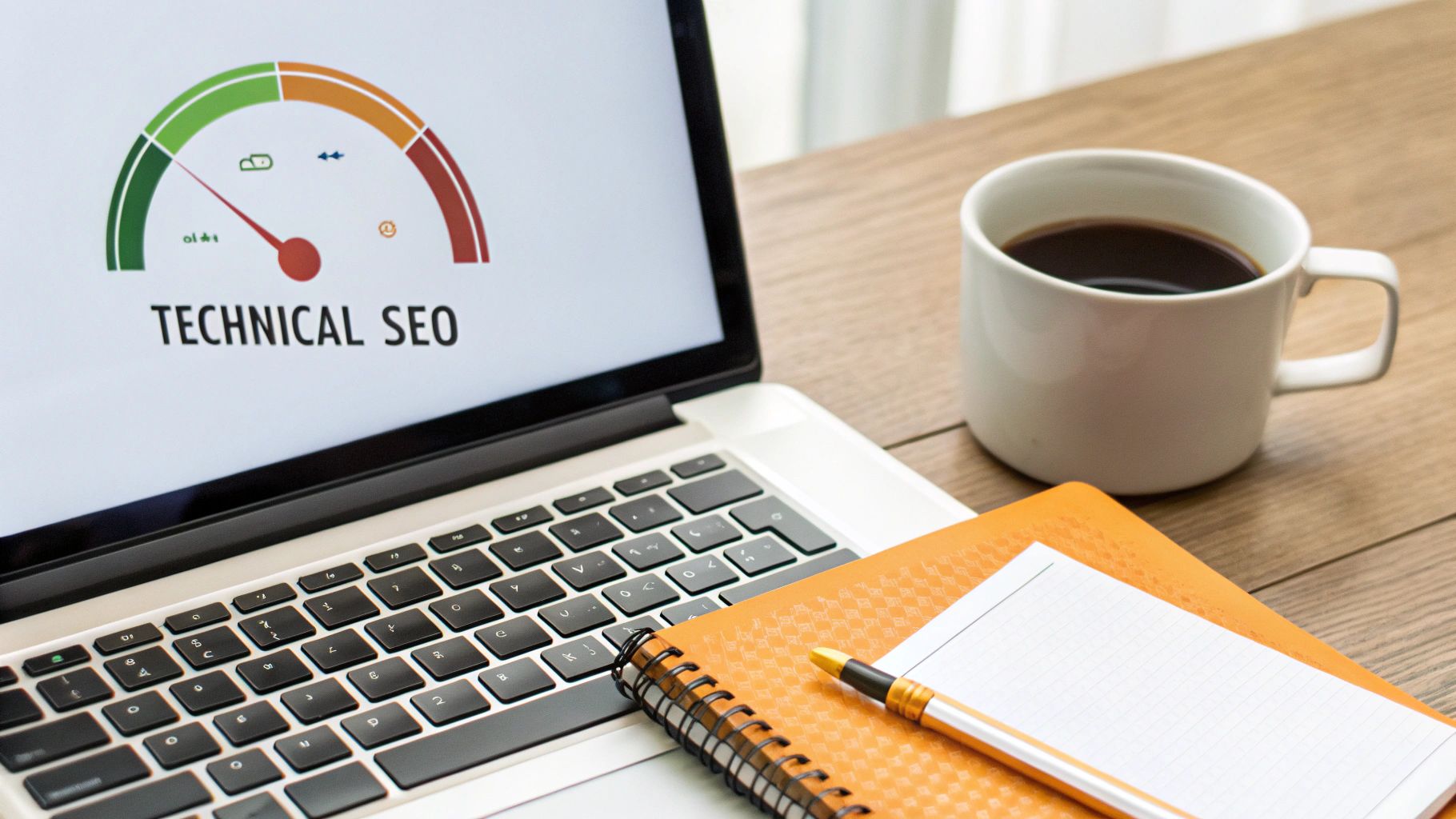 Laptop displaying a 'Technical SEO' gauge, a coffee mug, and a notebook on a wooden desk.
