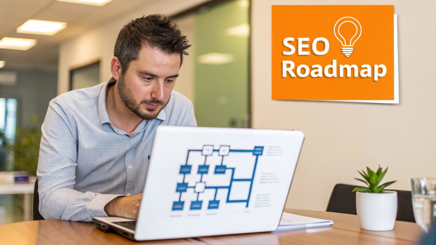 A man intensely works on his laptop, displaying a diagram, with an 'SEO Roadmap' sign visible.