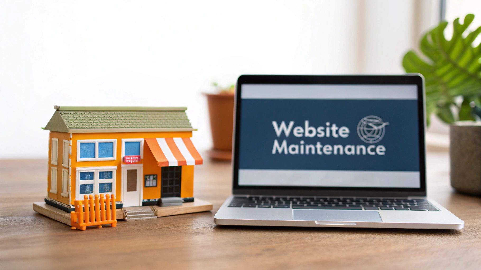 Miniature storefront model next to a laptop showing 'Website Maintenance' screen on a wooden desk.