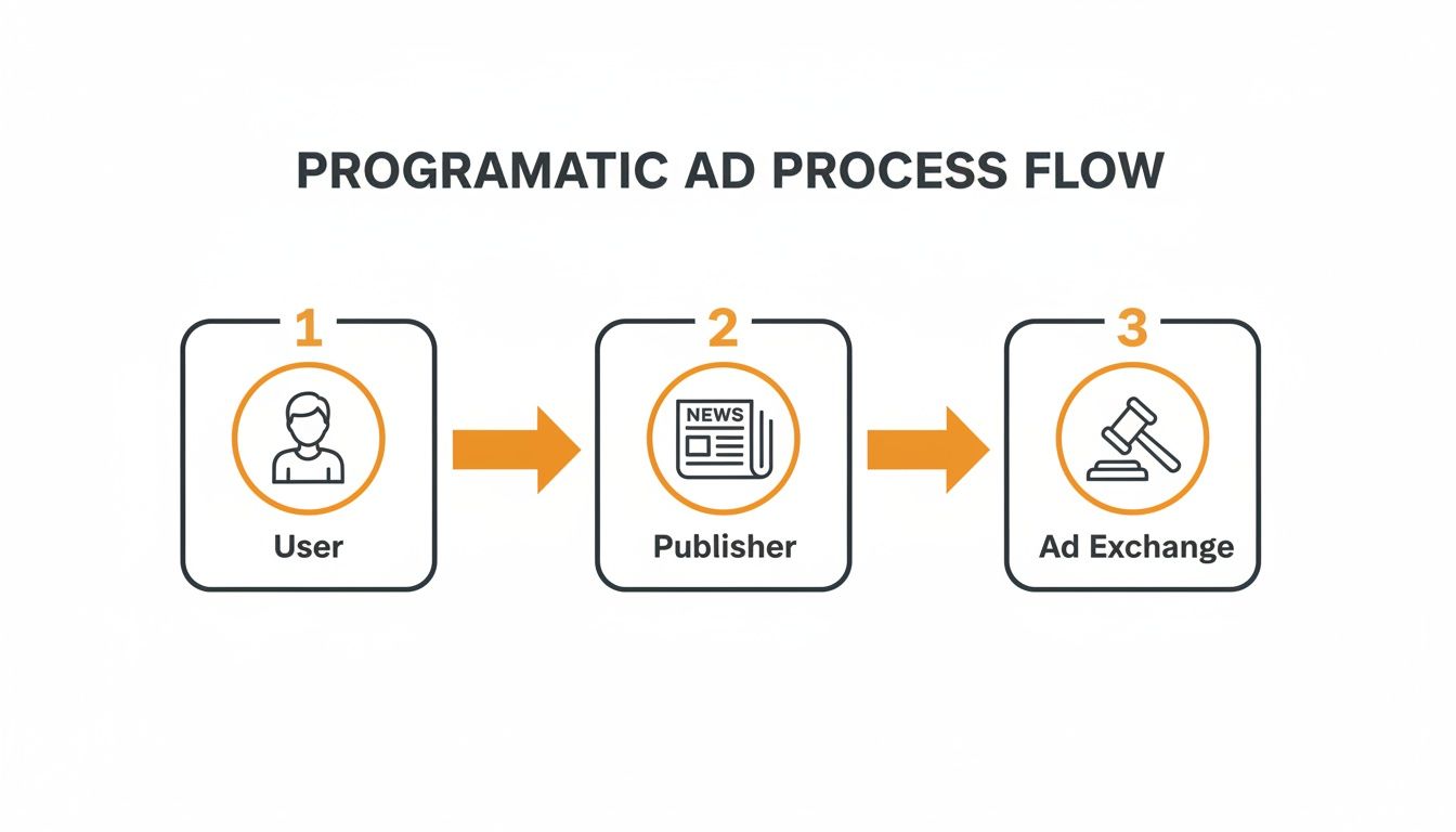 Diagram illustrating the programmatic ad process flow, showing user, publisher, and ad exchange steps.