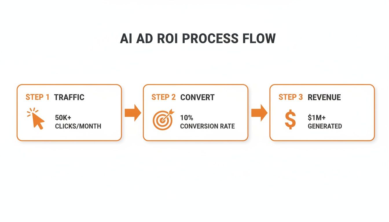 A three-step AI ad ROI process flow shows traffic generation, conversion, and revenue targets.