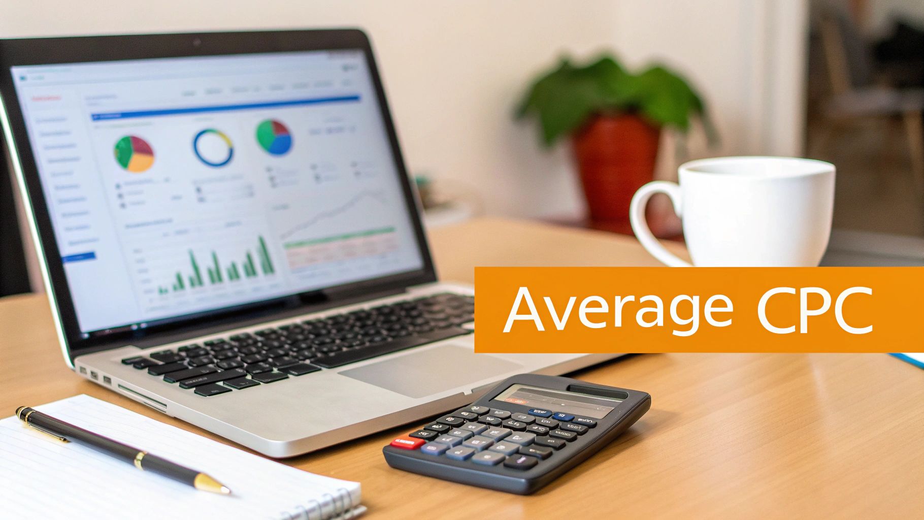 A workspace with a laptop displaying analytics, a calculator, and a notepad, highlighting 'Average CPC'.