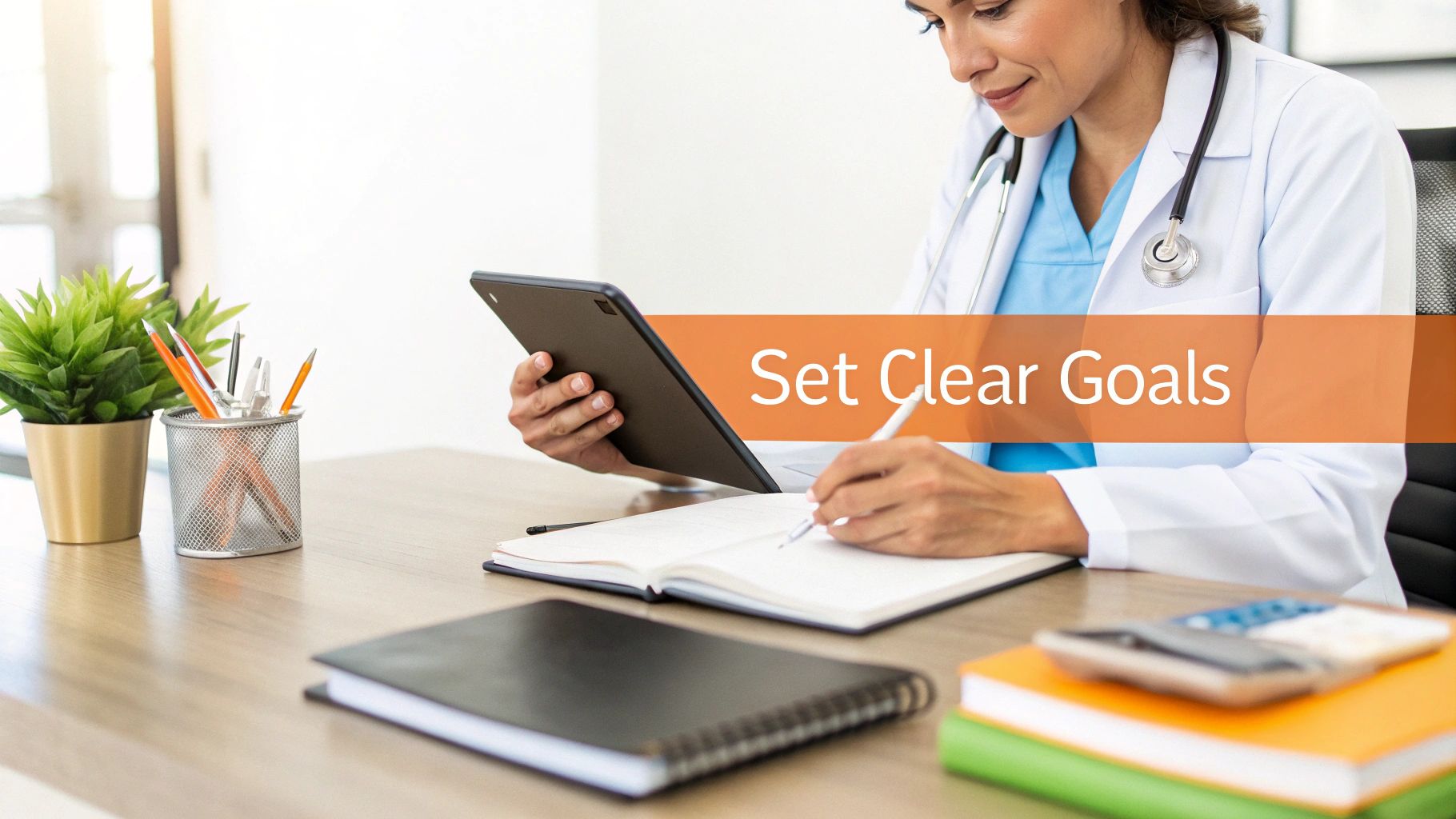 A female doctor in a white coat writes in a notebook, holding a tablet, with 'Set Clear Goals' text.