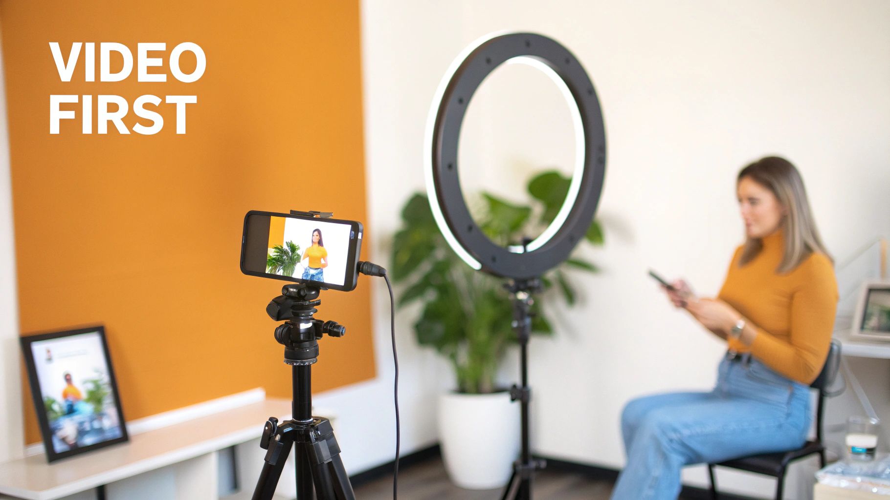 A smartphone on a tripod records a woman for a video, illuminated by a ring light, with 'VIDEO FIRST' text.