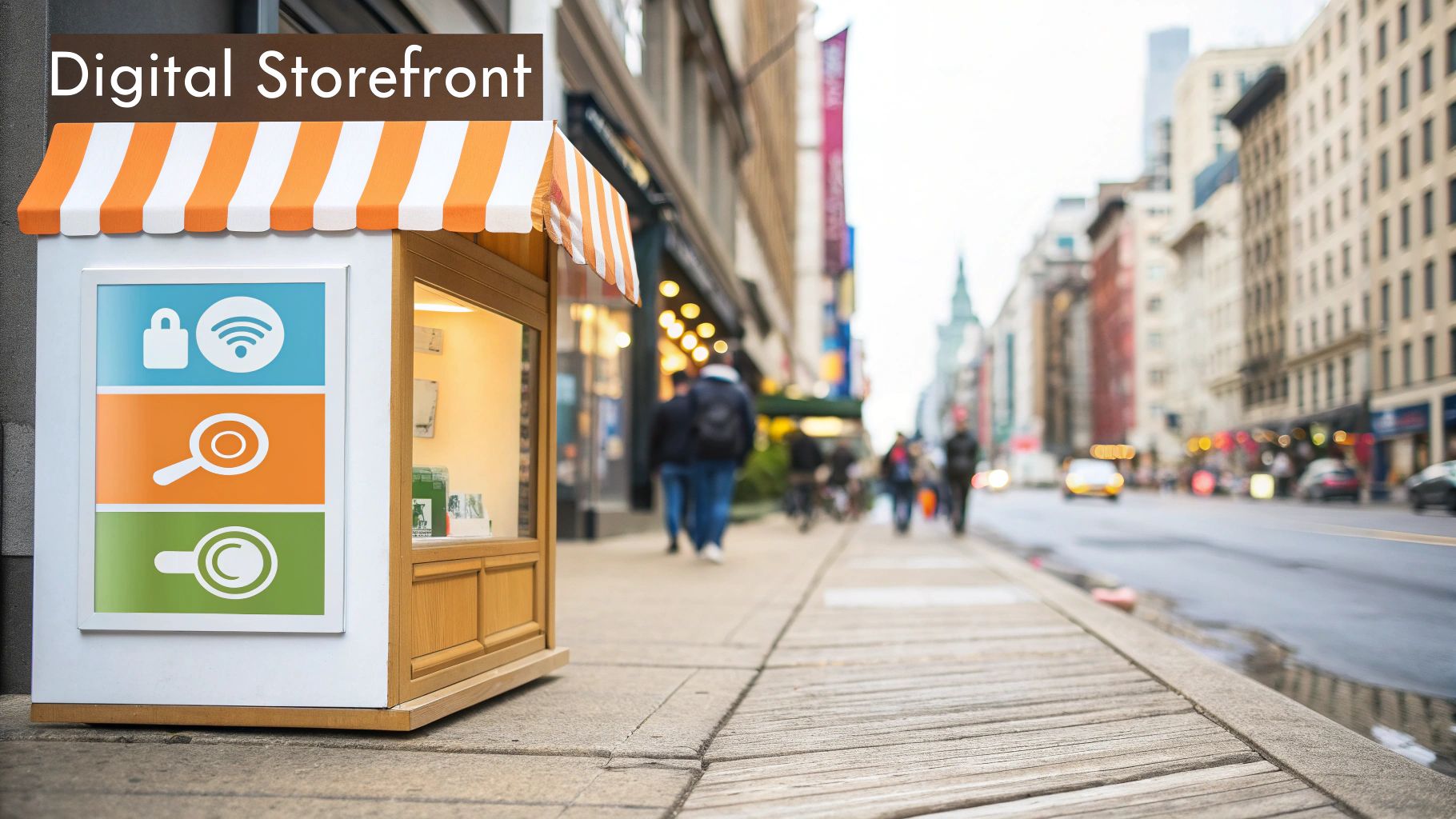 A 'Digital Storefront' kiosk on a city sidewalk with Wi-Fi, search, and commerce icons, amidst a blurred urban background.