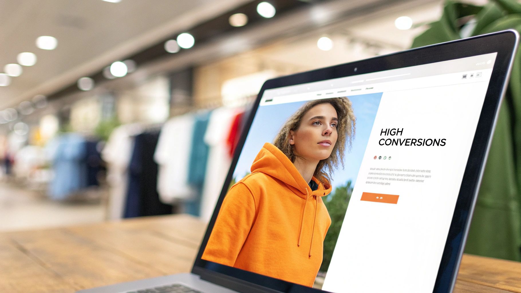 A laptop displaying an ecommerce website with a woman in an orange hoodie and “HIGH CONVERSIONS” text, in a blurred retail store background.