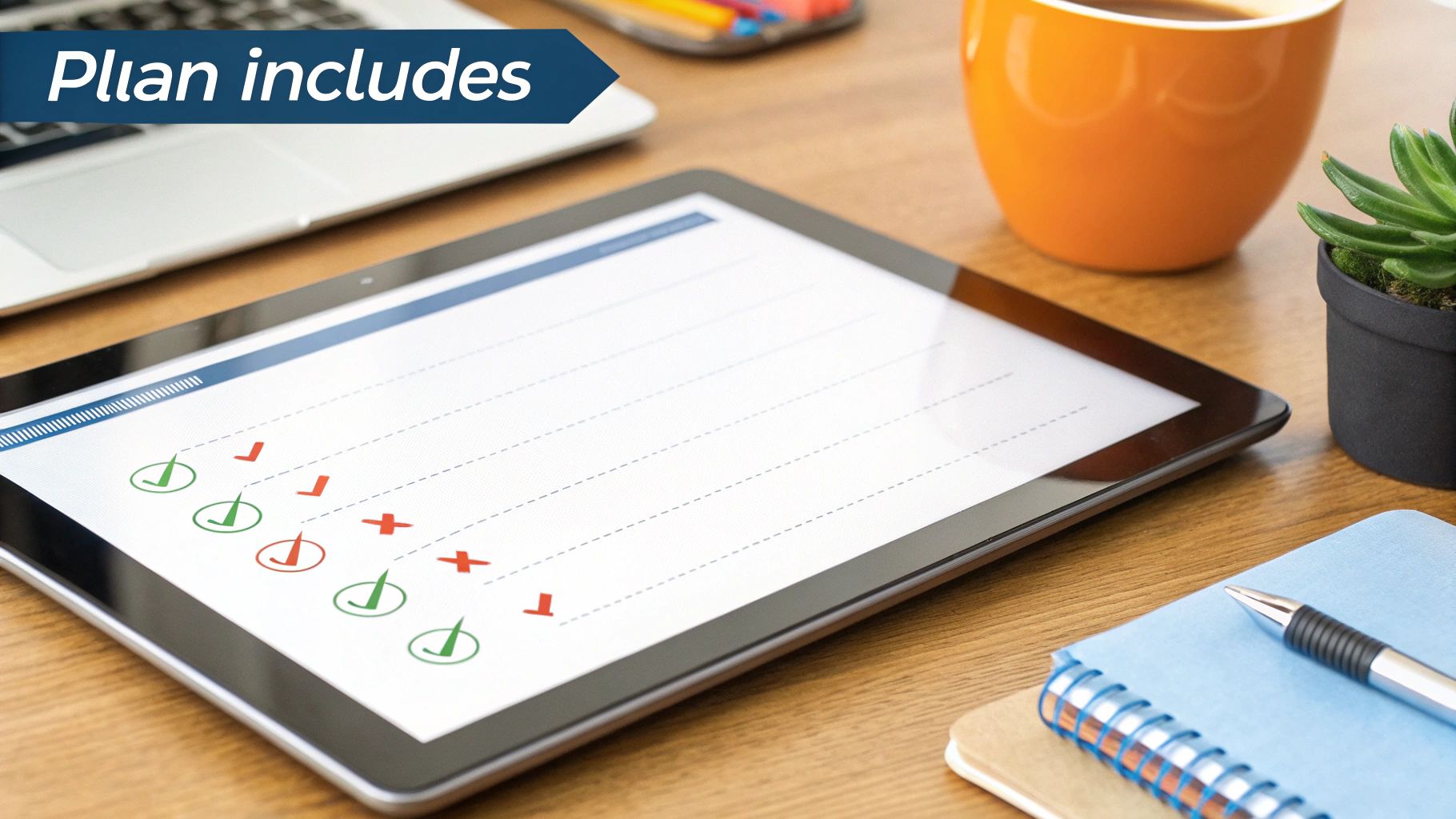 A digital checklist with completed and uncompleted tasks on a tablet, with a laptop and coffee.