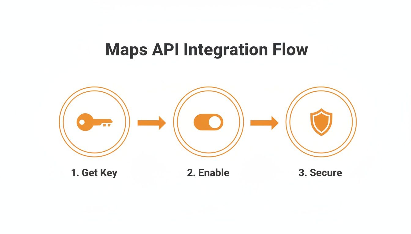 Diagram illustrating the three-step Maps API integration process: Get Key, Enable, Secure for applications.
